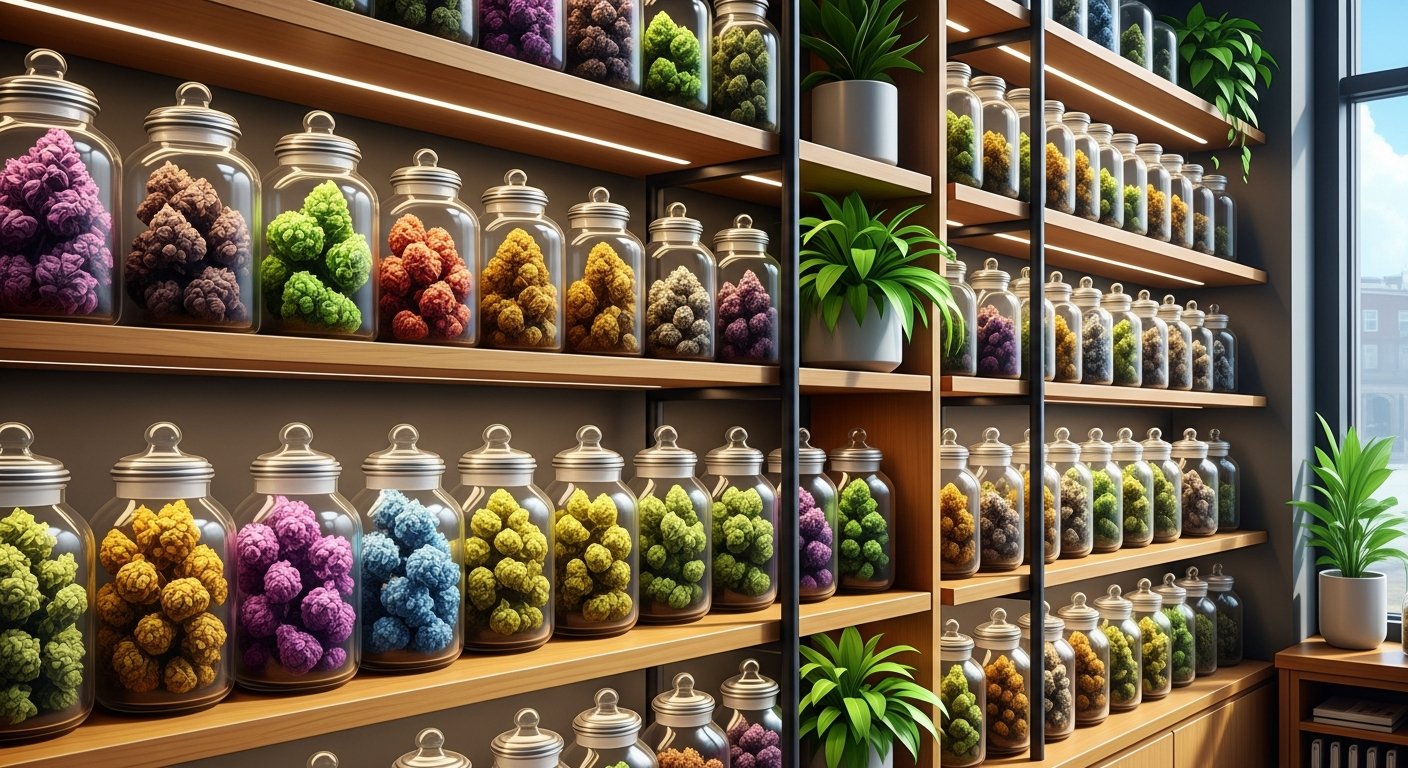 Premium cannabis buds in jars display