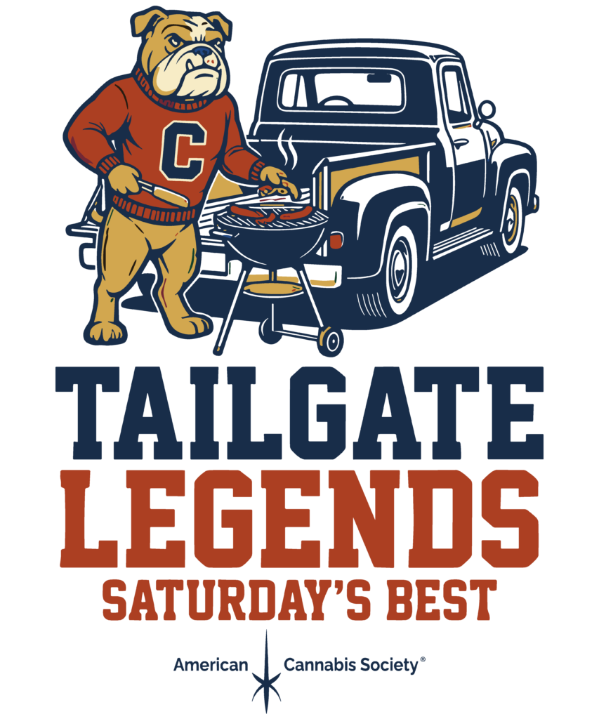 GreenRX Tailgate Legends bulldog mascot grilling with THCA pre-rolls for Wisconsin game day