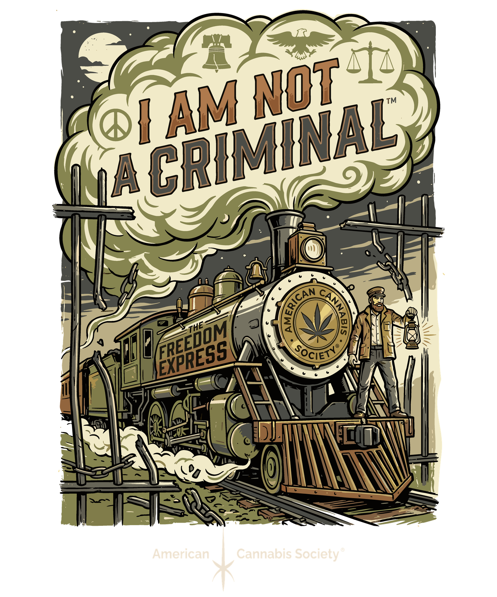 I Am Not A Criminal artwork with the Freedom Express locomotive breaking through prison bars, American Cannabis Society